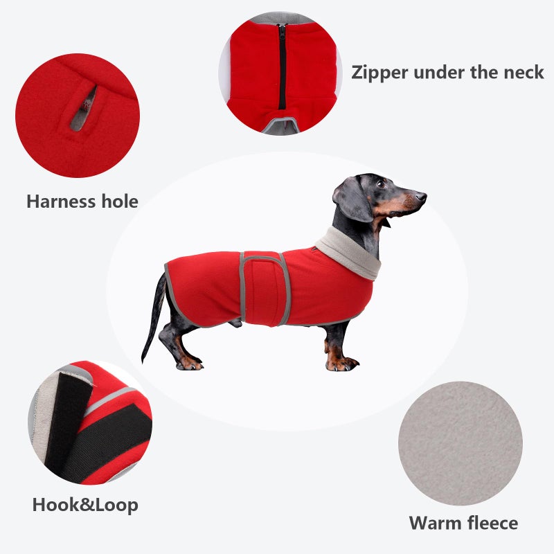 Morezi Dachshund Coats Sausage Dog Fleece Coat in Winter Miniature Dachshund Clothes with Hook and Loop Closure and high vis Reflective Trim Safety - Red - S - Image 3